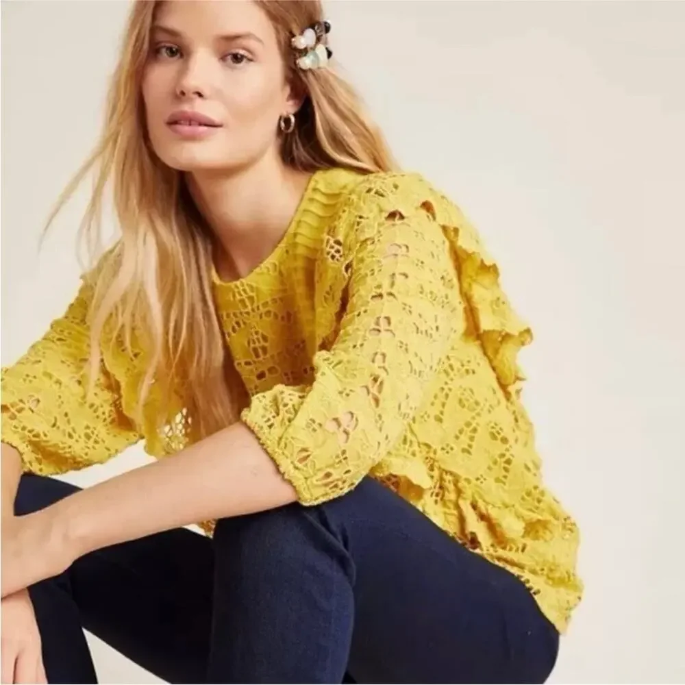 Anthropologie Yellow Clementine Blouse Eyelet Ruffle Puff Sleeve Top Shirt Sz 0